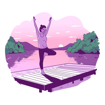 A person is performing a yoga pose on a wooden dock at the lakefront during sunrise. The calm waters of the lake are reflecting the soft hues of dawn, creating a serene atmosphere. The person is standing on one leg, with arms extended above their head, and a look of concentration on their face. Surrounding the dock are lush green trees, and the sky transitions from pink to orange as the sun begins to rise. Small ripples in the water create a dynamic interplay of light and reflection.