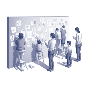 A large mural situated on a wall, showcasing a variety of illustrations created by multiple artists. The mural features a mix of different styles and subjects, forming a vibrant tapestry of creativity. Visitors, both adults and children, are gathered in front of the mural, each engaged in adding their own drawings with markers or paint. Some are standing on stools for better reach, while others are crouching down, carefully working on the lower sections. The atmosphere is dynamic, with people discussing and sharing ideas, surrounded by art supplies scattered on tables nearby. The scene captures a sense of community and collaboration in artistic expression.