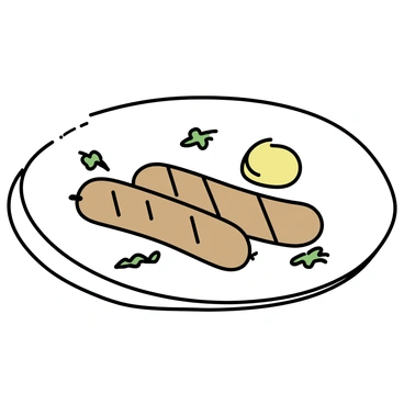 A white circular restaurant plate displaying a gourmet bratwurst dish. The bratwurst is perfectly grilled, sliced diagonally, and arranged neatly. It is garnished with fresh green herbs scattered artfully around the dish. A small dollop of mustard is placed on the side, adding a pop of yellow color. The background is minimalistic, emphasizing the elegance of the plate and its contents.