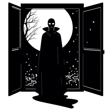 A dark silhouette of a masked figure is positioned against a large moonlit window. The window frame is intricately designed, casting shadows onto the floor. Light from the full moon creates a soft glow, illuminating the edges of the figure's clothing. The figure stands with a slightly hunched posture, suggesting a sense of mystery and intrigue. Outside the window, faint outlines of trees can be seen, their branches swaying gently in the night breeze.