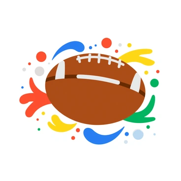 A brown rugby ball with white stitches is positioned at the center of the image. Around the ball, vibrant paint splashes in red, blue, yellow, and green create an artistic effect. The splashes radiate outward in various sizes, adding energy to the composition. The background features a soft gradient that enhances the colors of the paint.