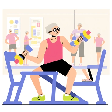 An elderly person with gray hair and glasses is confidently performing a dumbbell chest press. They are seated on a blue weight bench in a bright senior fitness center. The person is wearing a red tank top and black workout shorts. Dumbbells are held firmly in both hands, with arms extended upwards. In the background, there are colorful fitness posters on the walls and other seniors engaged in various exercises, creating a lively atmosphere.