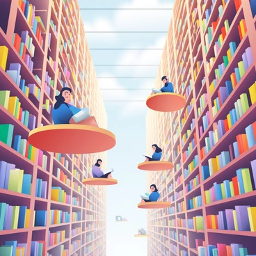 A vast library hall features towering bookshelves filled with countless books that stretch towards the ceiling. Floating platforms, made of polished wood, hover in mid-air, allowing access to books at great heights. Wisps of soft, glowing light illuminate the aisles, creating a warm atmosphere. Along the edges of the library, large windows showcase a tranquil blue sky outside. A few people are seen gently gliding on the floating platforms, selecting books from the shelves. Each platform is equipped with a soft cushion for comfort as they read from the tomes they have retrieved.