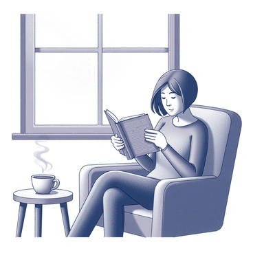 A person sitting comfortably in a chair by a window. They are engrossed in a mystery novel, holding the book with both hands. The window is large, allowing natural light to illuminate the scene. Nearby, a small table holds a steaming cup of tea, with wisps of steam rising into the air. The person's expression reflects deep concentration on the text, while the room is filled with a sense of quiet and focus.