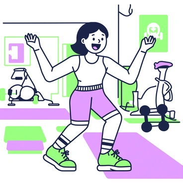 A cartoon character is enthusiastically performing arm circles in a gym setting. The character has a wide smile and lively expression, with bright, exaggerated features. They are dressed in a colorful tank top and shorts. The gym is filled with various exercise equipment, including dumbbells and a stationary bike in the background. The floor is covered with vibrant mats, and motivational posters are visible on the walls. The character’s arms are extended out to the sides, showcasing their energy and dynamism.
