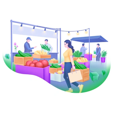 A modern pastel illustration showing a patron walking through a bustling farmer's market. The patron is holding a reusable shopping bag. The market is filled with colorful produce, including bright red tomatoes, vibrant yellow bananas, and deep green cucumbers displayed in wooden crates. Stalls are adorned with fresh herbs and flowers. String lights hang overhead, adding to the market's lively atmosphere. The background features other patrons interacting with vendors, creating a dynamic scene.