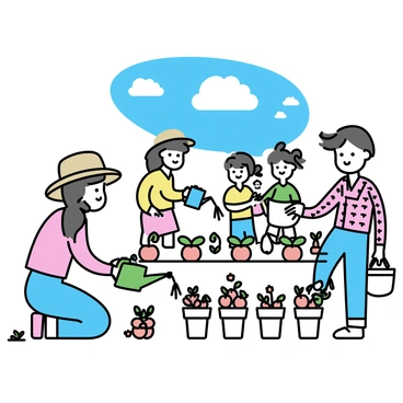 A community garden filled with an assortment of colorful flowers and vegetables. In the foreground, a woman with a straw hat is kneeling, carefully watering young seedlings with a green watering can. Nearby, a man is pruning tomatoes, wearing a plaid shirt and jeans. In the background, children are playing and laughing, one of them holding a basket filled with freshly picked carrots. The sky above is bright blue, with a few fluffy white clouds scattered throughout.