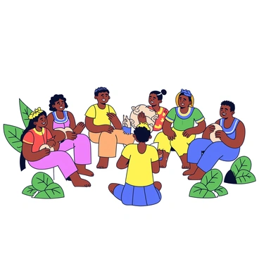 A gathering scene featuring Taino people engaged in singing traditional songs. The group consists of men and women dressed in traditional garments made from natural materials. Some participants are playing simple musical instruments such as drums and maracas. The setting includes a circle formed by the participants, with greenery and tropical plants surrounding them. The expressions on their faces reflect joy and participation in the communal activity. Above them, the sky is clear, suggesting a lively atmosphere.