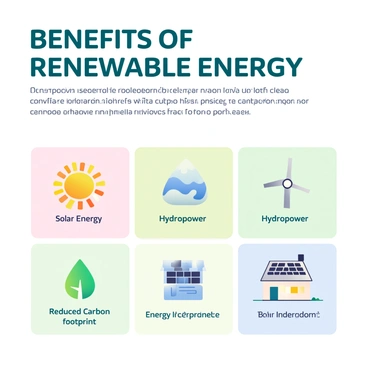 A detailed infographic is displayed, prominently featuring a title that reads "Benefits of Renewable Energy" in bold and clear font. The background is a soft gradient of greens and blues, suggesting a connection to nature and sustainability. Various colorful icons are arranged in a grid layout, each representing a specific benefit of renewable energy. 

At the top left, there is an icon of a sun with rays emitting bright yellow and orange colors, symbolizing solar energy. Below it, a wind turbine icon with spinning blades in white and light gray symbolizes wind power. To the right, there is an icon of a water droplet with waves in shades of blue, representing hydropower. 

Further down, an icon of a leaf in vibrant green signifies reduced carbon footprint. Next to it, an icon of a house with solar panels on the roof is depicted, emphasizing energy independence.