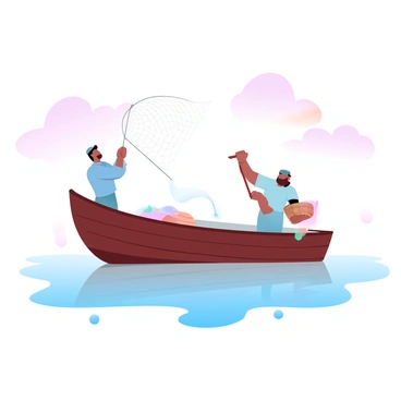 A small fishing boat is gently bobbing on calm waters during dawn. The boat is made of wood and has colorful fishing gear visible on the sides. Two fishermen are within the boat, one is standing and casting a net, while the other is sitting and holding a basket. The soft light of dawn creates a gradient of pastel colors in the sky, blending shades of pink, orange, and blue. The water reflects these colors, enhancing the tranquil ambiance of the scene. A few ripples can be seen where the net touches the surface of the water.