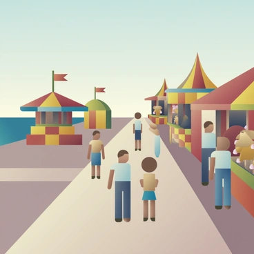 A seaside boardwalk in the 1930s filled with people walking and enjoying carnival attractions, including colorful game stalls, vintage rides like a carousel, and food vendors selling cotton candy and popcorn.