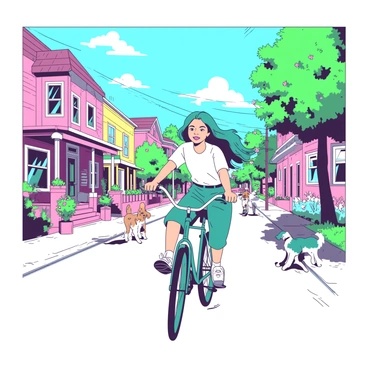 A teal-haired girl named Makima is riding a bicycle down a lively street filled with colorful houses and blooming flowers. Her hair is flowing in the wind, creating a sense of movement. She is wearing a stylish outfit that complements her vibrant appearance. On either side of the street, people are enjoying their day, some walking dogs and others sitting on porches. A clear blue sky with fluffy white clouds can be seen above, adding to the cheerful atmosphere of the neighborhood.