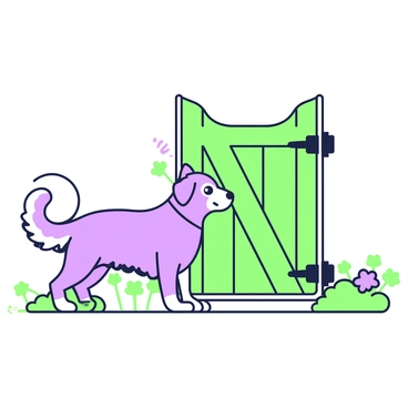A dog with a fluffy coat is standing by a garden gate. The dog is trembling slightly, its ears perked up in alertness. The gate is an old wooden structure that is slowly opening, revealing a glimpse of the garden beyond. The hinges of the gate are creaky, and the surface shows signs of weathering. The dog's eyes are wide and focused on the gate, as a faint squeaky sound emanates from it. Around the dog, there are patches of grass and flowers, adding to the scene.