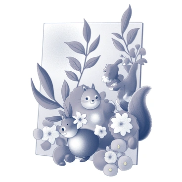 An illustration board displaying a detailed collage of various leaves, flowers, and small animals. The leaves vary in size and shape, depicting intricate veins and textures. The flowers are layered throughout, showcasing different blooms with visible petals and stamen. Small animals, such as a squirrel, a rabbit, and a bird, are strategically placed among the foliage, with expressive features and realistic poses. The composition is rich, with overlapping elements creating depth and interest, all arranged harmoniously on the board.