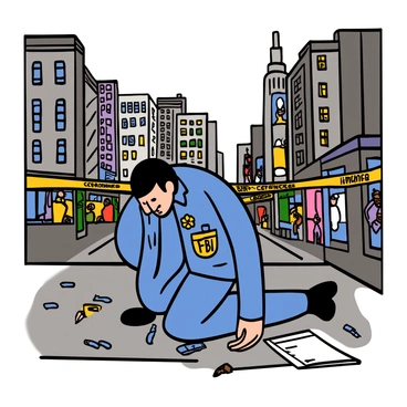 An FBI agent with light skin and short black hair is kneeling at a crime scene, closely examining evidence. He is wearing a dark blue suit and a badge clipped to his belt. Around him, the bustling city is filled with tall buildings, busy streets, and blurred figures of pedestrians moving about. A police line is marked with yellow tape in the background, and a few scattered pieces of evidence are visible on the ground, such as a notepad and a flashlight. The agent's focused expression conveys the seriousness of the investigation.