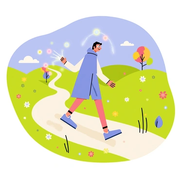 A person wearing a light blue cloak is walking along a winding path in a vibrant landscape filled with colorful flowers and lush green grass. The sky is a bright azure with fluffy white clouds. Ethereal spirits, depicted as glowing orbs of light in various colors like pink, green, and blue, hover around the person, gently guiding their way. In the distance, rolling hills are dotted with trees that have bright, multicolored leaves, adding to the enchanting atmosphere.