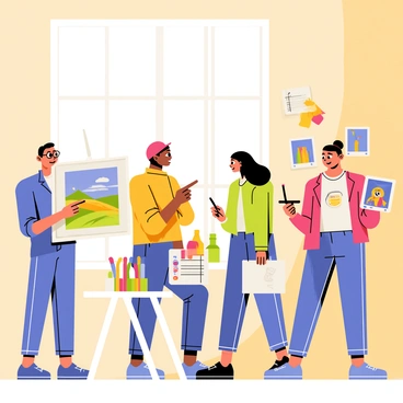 A group of four artists are gathered at a community center. One artist with glasses is displaying a colorful illustration of a landscape, while another artist with a red hat is pointing at it and discussing feedback. A third artist is sketching on a notepad, taking notes from the conversation. The fourth artist, with long hair, is holding a digital tablet showcasing a vibrant character design. The room is filled with art supplies like markers, paper, and paint, while walls are decorated with various artwork. A large window allows sunlight to stream in, creating a warm atmosphere.