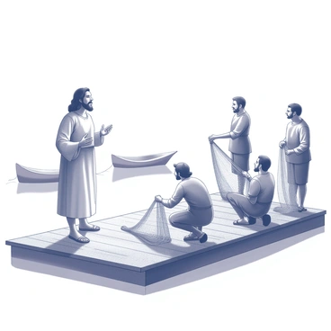 Jesus standing on a wooden dock, wearing a simple robe and sandals. He is gesturing with one hand while speaking to a group of fishermen. The fishermen are busy preparing their nets, some are kneeling and adjusting the thick ropes, while others are standing and looking up at Jesus. In the background, there are small fishing boats tied to the dock, bobbing gently on the water. The scene conveys a sense of community and shared purpose among the fishermen.