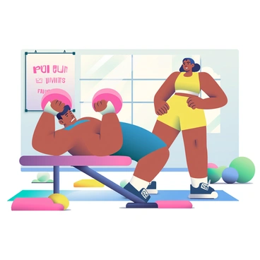 A vibrant gym interior filled with a variety of fitness equipment is depicted. In the foreground, two cartoon-style characters are performing a dumbbell bench press. The first character is a muscular man with light brown skin and a blue tank top, lying on a bench while lifting two large, pink dumbbells above his chest. He has a determined expression on his face. The second character is a woman with dark skin, wearing a yellow workout outfit, standing next to the bench, encouraging him with a smile. Brightly colored gym mats and exercise balls are scattered around the floor, and a large window in the background lets in sunlight, illuminating the space. A motivational poster with the text "Push Your Limits" is on the wall behind them.