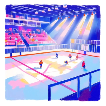 An ice rink is set in a spacious arena with fog rolling across the glossy surface. The muted lights hanging overhead cast a soft glow, creating hazy reflections on the ice. The edges of the rink are lined with white boards, and the surrounding area is filled with benches for spectators. In the distance, shadows of people are visible, enjoying the scene. The atmosphere is quiet, with only the sound of skates gliding on ice occasionally breaking the stillness.