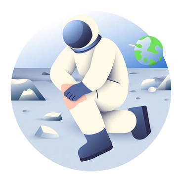 An astronaut wearing a white space suit is kneeling on the gray lunar surface, inspecting moon dust that has collected on their suit. The suit is equipped with a helmet featuring a visor that reflects the stark landscape around. In the background, the moon's rugged terrain stretches out, with craters and rocks scattered across the ground. The Earth can be seen in the distance, a small blue and green sphere against the blackness of space. The astronaut's gloved hands are carefully brushing off the fine gray dust from their knee and thigh areas.