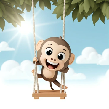 A playful monkey face with large expressive eyes and a wide grin, hanging upside down from a tree swing. The monkey's fur is a mix of light brown and cream, with its ears perked up in excitement. Sunlight filters through the leaves of the tree, casting dappled shadows on the monkey's face. In the background, a bright blue sky and fluffy white clouds enhance the cheerful atmosphere of the sunny day. The tree swing is made of sturdy rope and a wooden seat, swaying gently as the monkey swings joyfully.