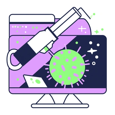 A close-up view of the herpes virus is displayed on a microscope's screen. The virus has a spherical shape and is surrounded by a distinct green outline. Detailed purple spikes protrude from its surface, giving it a textured appearance. The background is dark to accentuate the virus, while the focus is sharp on its unique structure. The microscope stage is visible, holding a glass slide with the virus sample.