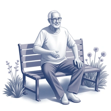 An elderly man sitting on a garden bench, practicing deep breathing with a peaceful smile