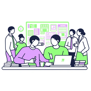 A journalist is seated at a busy newsroom desk, surrounded by stacks of papers and open notebooks. The desk is cluttered with a laptop displaying a news article in progress. In the background, there are colleagues engaged in discussions, with some standing and others sitting at their own desks. A bulletin board is filled with news clippings, headlines, and photographs pinned up. The journalist is focused, typing intently with a pen in hand, while a coffee cup sits nearby, half-full. The atmosphere conveys a sense of urgency and activity, with phones ringing and the sound of keyboards clicking filling the air.