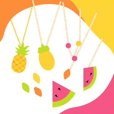 A collection of colorful jewelry inspired by tropical fruits is displayed on a vibrant background. There are several necklaces, each uniquely shaped. One necklace features a bright yellow pineapple pendant with detailed leaf accents, while another necklace showcases a slice of watermelon with vibrant pink and green colors. The jewelry is embellished with sparkling beads in hues of orange, green, and red, adding to the tropical theme. Each piece of jewelry is arranged artistically to highlight the fun and lively nature of the designs.