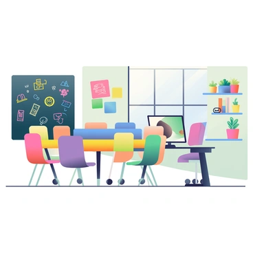 An office space features a large ping-pong table in the center with a bright blue and yellow design. Surrounding the table, there are several colorful chairs in various heights, providing a playful atmosphere. On one wall, there is a chalkboard surface filled with vibrant doodles, sketches, and notes in various colors. To the side, there are shelves filled with quirky office supplies and plants in colorful pots. A modern desk with a sleek computer setup is placed near a large window allowing natural light to fill the room.