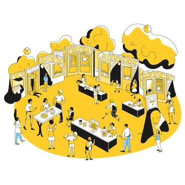 A bustling outdoor scene featuring an art festival in Philadelphia. Numerous booths are set up, each displaying a variety of illustrations, prints, and artworks. People are walking through the festival, some stopping to admire the art while others are engaged in conversation. There are tables with artists at work, sketching and painting in real-time. Colorful banners hang above each booth, drawing attention to the unique artworks showcased. A few trees are scattered around the area, providing shade to attendees. The atmosphere feels energetic and vibrant, filled with enthusiasm for the creative expressions on display.