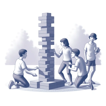 A group of four friends is gathered outdoors, engaged in a game of giant Jenga. Each person is focused on the towering structure made of large wooden blocks, which stands precariously tall. One friend crouches down, gently pulling out a block from the middle of the stack, while another stands back with an expression of anticipation. The third friend is bracing the base of the tower with one hand, ready to stabilize it if necessary. The fourth friend is holding a camera, capturing the moment. The setting is a grassy area with trees in the background, and the sun casts shadows on the ground.