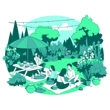 A teal garden filled with various colorful plants and flowers, creating a lively atmosphere. People are mingling throughout the garden, enjoying the warm sunshine. A group of friends is gathered around a white picnic table decorated with a spread of snacks and drinks. Nearby, a teal umbrella provides shade for a couple sitting on a white blanket, engaged in conversation. In the background, there are white string lights hanging from the trees, adding to the cheerful ambiance of the garden party.