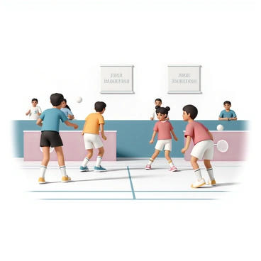 A group of young players, aged around 10 years old, is actively participating in a junior badminton tournament. The players are wearing colorful sports uniforms; one boy in a blue shirt and black shorts, and one girl in a red shirt and white shorts. They are in the middle of a match, with the boy preparing to serve while the girl crouches in a ready position. In the background, there are spectators watching with excitement, and banners displaying "Junior Badminton Tournament" are hanging on the walls. The court is marked with clear lines, and the shuttlecock is positioned in the air, capturing the action of the game.