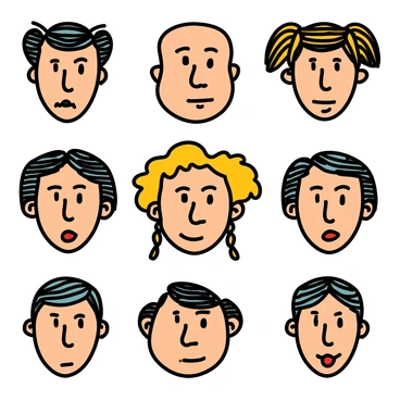 A series of expressive portraits featuring individual faces, each one showcasing unique expressions and details created using intricate pen-and-ink textures.