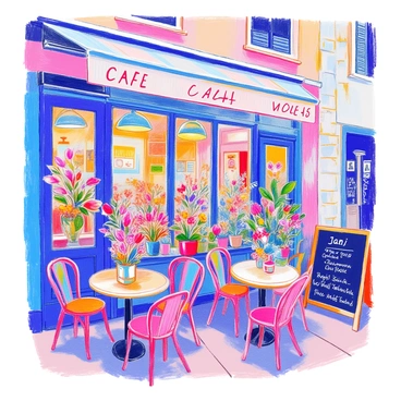 A quaint café features several small round tables set up outside. Each table is adorned with fresh cut flowers arranged in colorful vases. The flowers vary in types and colors, creating a vibrant display. The café's exterior is painted in soft pastel colors, with large windows revealing a cozy interior. A chalkboard sign stands at the entrance, displaying the day's specials in handwritten letters.