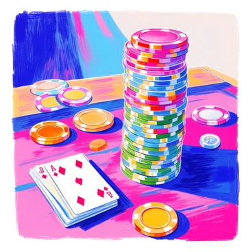 A tall stack of colorful poker chips is neatly arranged on a wooden table. The poker chips are in various heights, showcasing bright colors like red, blue, green, and yellow. Beside the stack, there is a deck of playing cards fanned out. The table surface has a smooth finish, reflecting the vibrant colors of the chips. In the background, there are subtle hints of other poker-related items, such as a small dealer button and a few scattered chips.