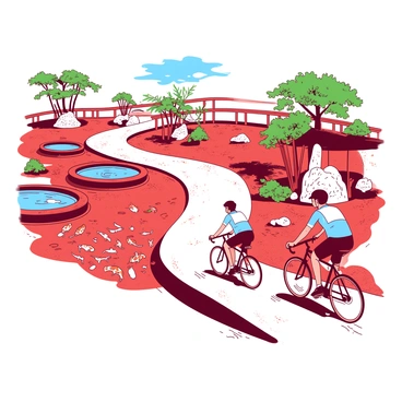 A red zen garden features a winding path surrounded by carefully raked gravel. Two cyclists in colorful jerseys are riding along the path, their bikes reflecting shades of blue. On either side of the path, there are several koi ponds, filled with swimming orange and white koi fish. Lush green bamboo plants and ornamental rocks are placed throughout the garden, adding to the tranquil atmosphere. The sky above is clear, enhancing the natural beauty of the scene. The cyclists continue their race, enjoying the peaceful surroundings of the garden.