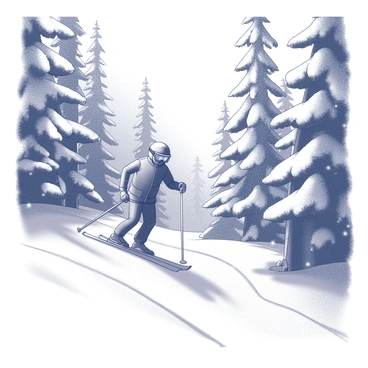 A skier is gliding through a dense forest. The trees are tall and covered with a thick layer of snow, their branches weighed down by the heavy accumulation. The skier is dressed in winter gear, including a helmet and goggles, maneuvering skillfully between the trees. Snowflakes are gently falling from the sky, creating a soft, white blanket on the forest floor. The path is narrow and winding, with traces of ski tracks visible in the fresh snow.