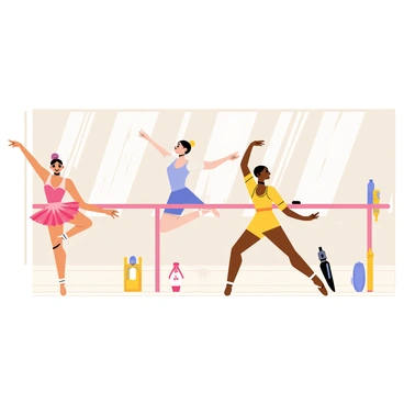 A bright ballet studio with large mirrors reflecting the scene. Multiple cartoon ballet dancers are practicing their dance poses. One dancer, wearing a pink tutu, is performing a graceful arabesque, balancing on one leg. Another dancer in a light blue leotard is stretching at the barre, showcasing flexibility. A third dancer in a yellow dress is mid-pirouette, arms raised elegantly. The wooden floor is polished, and a few colorful dance accessories, like ribbons and water bottles, are scattered around the studio. The atmosphere is lively, filled with the energy of movement and creativity.