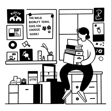 A college student is organizing their dorm room, surrounded by various posters that feature music bands, famous quotes, and scenic landscapes. They are unpacking a stack of books from a box, placing them on a small desk. An open suitcase is beside them, revealing colorful clothing items and a pair of sneakers. A bulletin board on the wall is being filled with personal mementos like photos, event tickets, and notes. A small plant sits on the windowsill, providing a touch of greenery to the space.