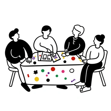 A family sitting around a rectangular dining table covered with a colorful tablecloth. They are engaged in writing and decorating a scrapbook, with various crafting materials spread out before them. One family member is holding a pen, while another is placing photographs into the scrapbook. Scattered around the table are colorful stickers and markers. Laughter is depicted through the body language of the members as they share funny memories. An open scrapbook is visible, showing partially filled pages with vibrant decorations.