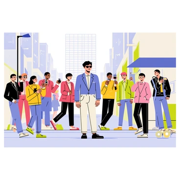 A busy city sidewalk filled with people in various outfits, with a tall building in the background. A notorious celebrity, wearing sunglasses and a fashionable outfit, is at the center of the scene, displaying an expression of surprise. Around them, several paparazzi with cameras are positioned, their flashes going off. Some pedestrians are shown looking on with curious expressions, while others continue walking as if unaware of the spectacle. A street vendor with a cart can be seen on the side, adding to the bustling urban atmosphere.