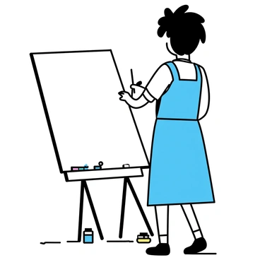 An artist, wearing a blue apron and a white shirt, is standing in front of a large canvas placed on an easel. The artist's short black hair is slightly tousled, and they are holding a paintbrush in their right hand. The canvas, which is blank, is positioned directly in front of the artist. Various tubes of paint and brushes are scattered around the wooden floor. The artist's stance suggests focus and concentration as they prepare to create their artwork, with their back turned towards an unseen audience.