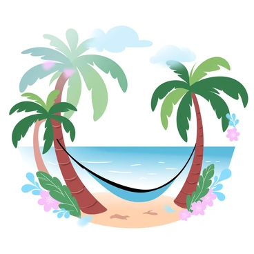A picturesque tropical island features numerous palm trees swaying gently in the breeze. The clear blue waters stretch out to the horizon, creating a vibrant contrast with the sandy beach. A comfortable hammock is suspended between two palm trees, inviting relaxation. The scene is adorned with clusters of lush greenery and vibrant tropical flowers scattered around the landscape. A few fluffy white clouds drift lazily across the bright sky.