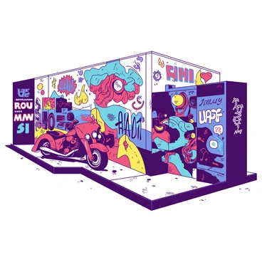 A wall is covered with vibrant murals that showcase various motorcycle designs and themes. The murals include detailed illustrations of classic and modern motorcycles, each featuring intricate details and bold outlines. Scattered throughout the wall are colorful graffiti tags and stylized lettering that add to the dynamic feel of the scene. There are elements such as flames, gears, and tire tracks integrated into the artwork, reflecting a sense of movement and energy. The entire wall creates a lively atmosphere, attracting attention from passersby.