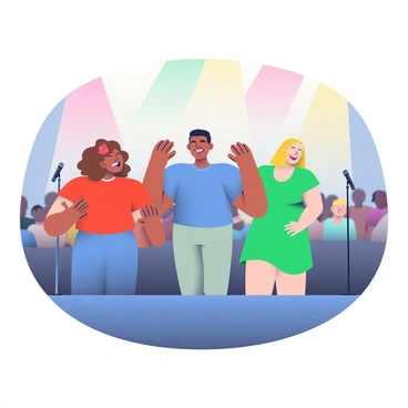 A diverse improv group is performing on stage, with three members standing in the foreground. One member, a woman with curly brown hair wearing a bright red shirt, is animatedly gesturing with her hands. Next to her, a man with short black hair in a blue t-shirt is playfully mimicking a character, making a comical expression. The third member, a woman with straight blonde hair dressed in a green dress, is laughing while leaning slightly forward, engaging with the audience. The stage is illuminated with colorful lights, creating a dynamic atmosphere, and a microphone stand is positioned in the background. The audience can be seen in the dim light, captivated by the performance.