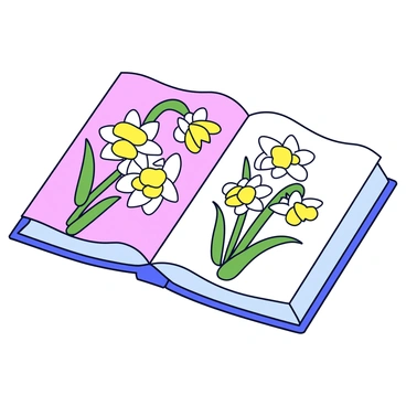 An open book lying flat on a surface. One page showcases a detailed illustration of various types of daffodils, with bright yellow and white petals. Each daffodil is labeled with its specific name in a small, elegant font. The background of the illustrated page is a soft pastel color that complements the flowers. The pages of the book have a slight curl at the edges, indicating it has been well-loved.