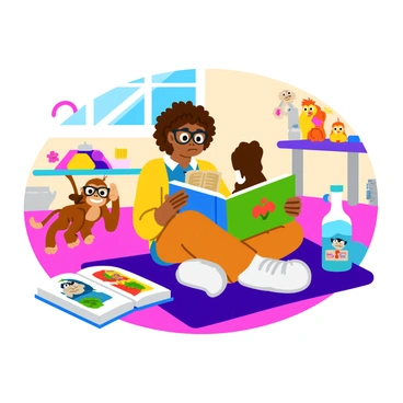 A child reading an illustrated book about monkeypox, surrounded by colorful illustrations and fun characters.
